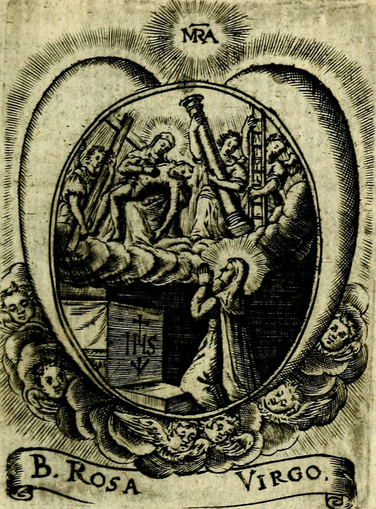 An illustration from Fasti Mariani cum illustrium diuorum imaginib. & elogijs prope DC. in singulos anni menses diésq SS. natales distributis, 1630, leaf 214