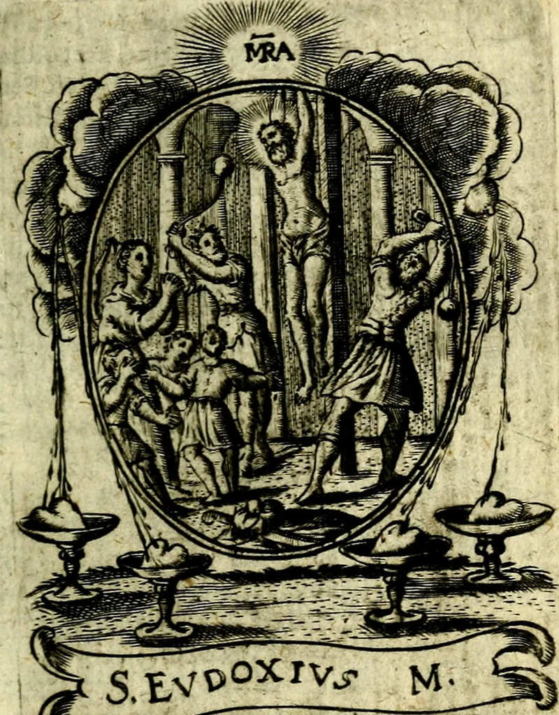 An illustration from Fasti Mariani cum illustrium diuorum imaginib. & elogijs prope DC. in singulos anni menses diésq SS. natales distributis, 1630, leaf 216