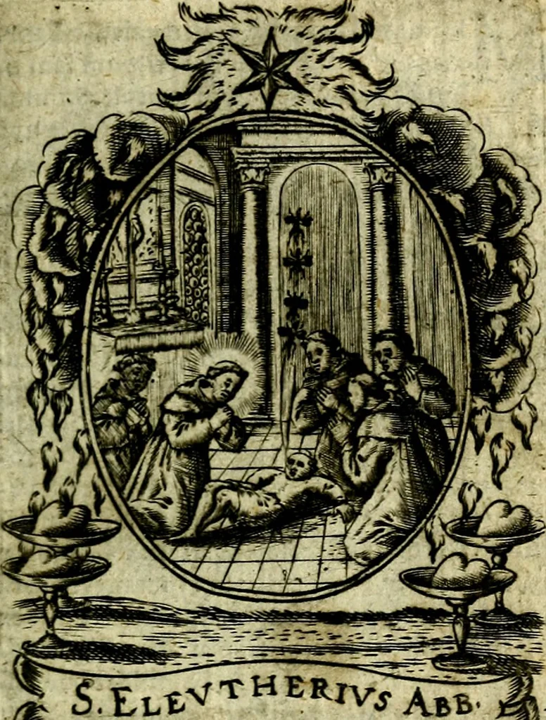 An illustration from Fasti Mariani cum illustrium diuorum imaginib. & elogijs prope DC. in singulos anni menses diésq SS. natales distributis, 1630, leaf 218
