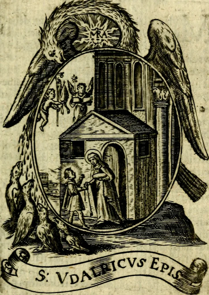 An illustration from Fasti Mariani cum illustrium diuorum imaginib. & elogijs prope DC. in singulos anni menses diésq SS. natales distributis, 1630, leaf 22