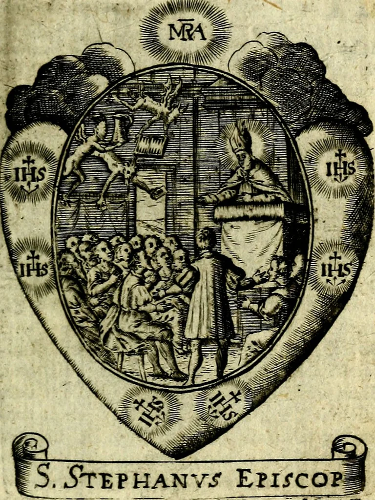 An illustration from Fasti Mariani cum illustrium diuorum imaginib. & elogijs prope DC. in singulos anni menses diésq SS. natales distributis, 1630, leaf 220
