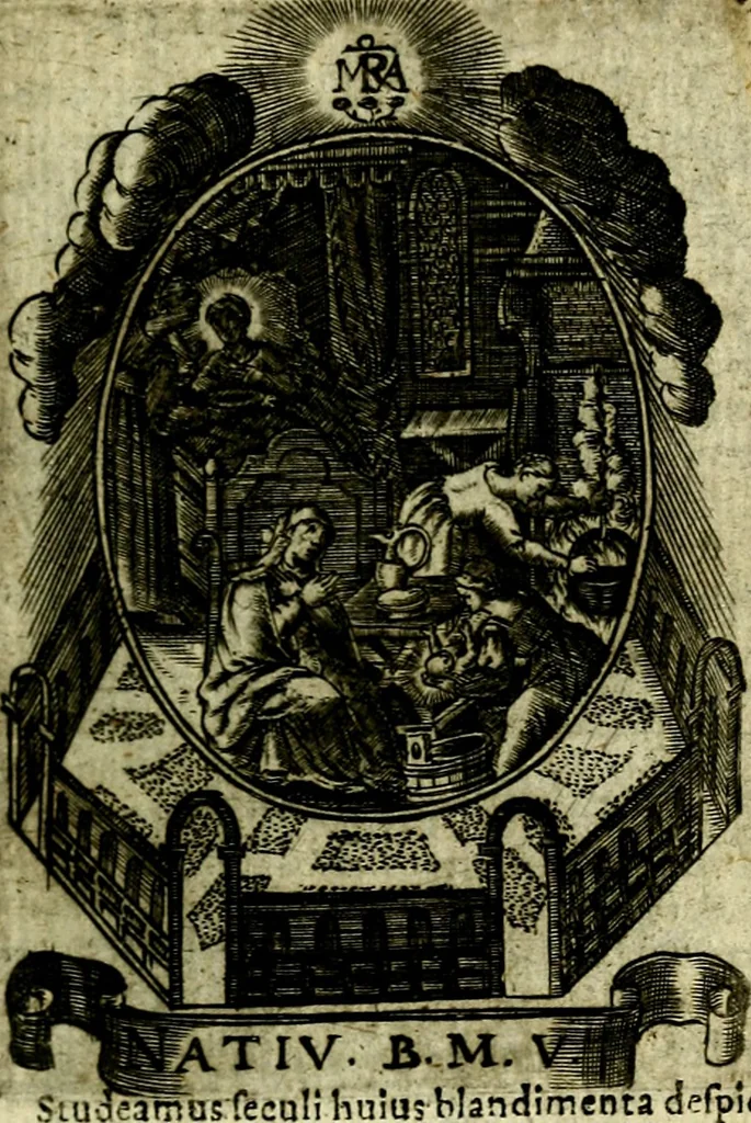 An illustration from Fasti Mariani cum illustrium diuorum imaginib. & elogijs prope DC. in singulos anni menses diésq SS. natales distributis, 1630, leaf 222