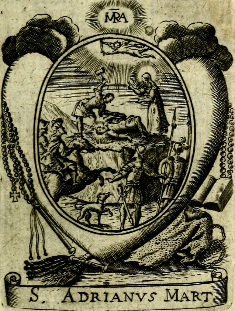 An illustration from Fasti Mariani cum illustrium diuorum imaginib. & elogijs prope DC. in singulos anni menses diésq SS. natales distributis, 1630, leaf 224