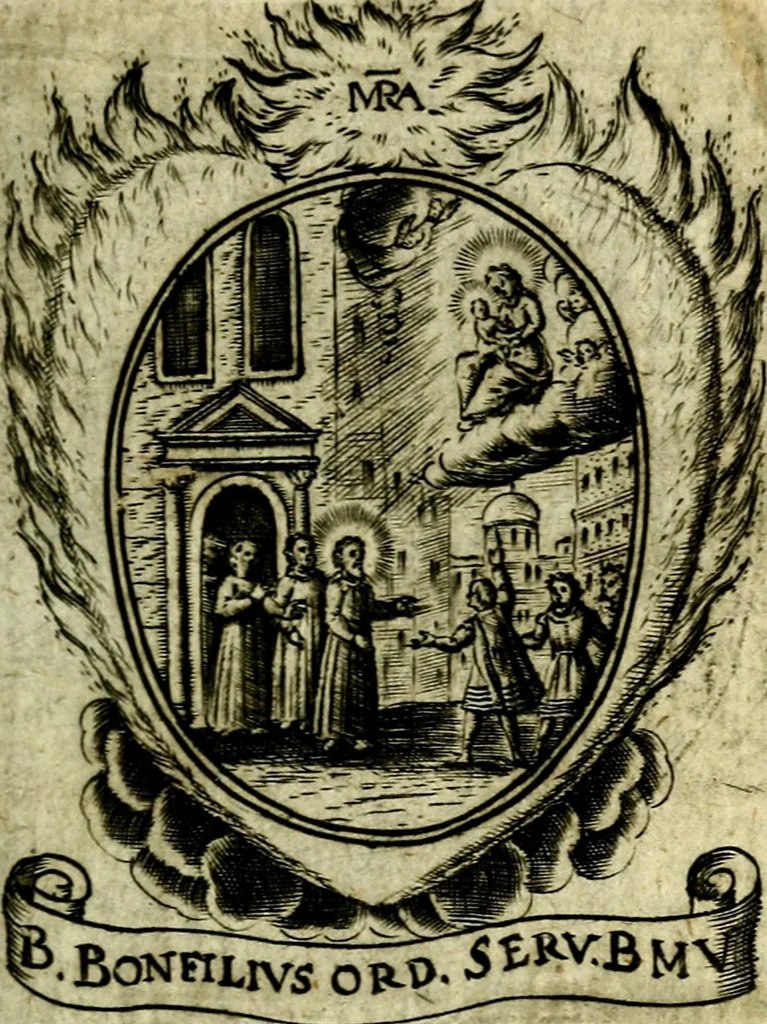 An illustration from Fasti Mariani cum illustrium diuorum imaginib. & elogijs prope DC. in singulos anni menses diésq SS. natales distributis, 1630, leaf 228