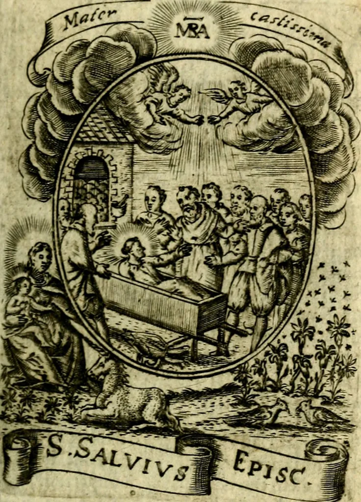 An illustration from Fasti Mariani cum illustrium diuorum imaginib. & elogijs prope DC. in singulos anni menses diésq SS. natales distributis, 1630, leaf 232