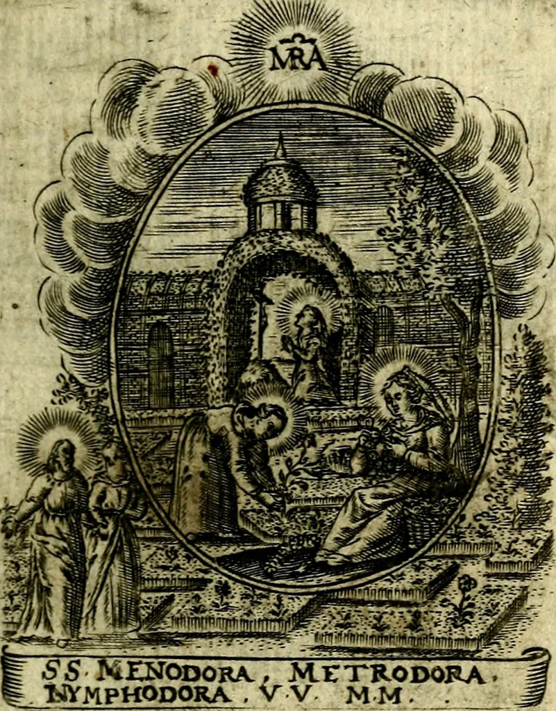 An illustration from Fasti Mariani cum illustrium diuorum imaginib. & elogijs prope DC. in singulos anni menses diésq SS. natales distributis, 1630, leaf 236