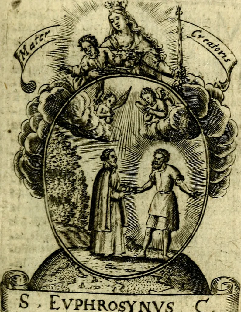 An illustration from Fasti Mariani cum illustrium diuorum imaginib. & elogijs prope DC. in singulos anni menses diésq SS. natales distributis, 1630, leaf 238