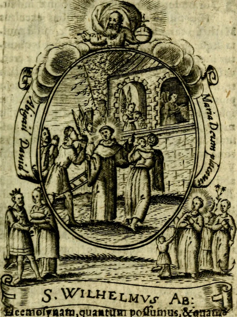 An illustration from Fasti Mariani cum illustrium diuorum imaginib. & elogijs prope DC. in singulos anni menses diésq SS. natales distributis, 1630, leaf 24