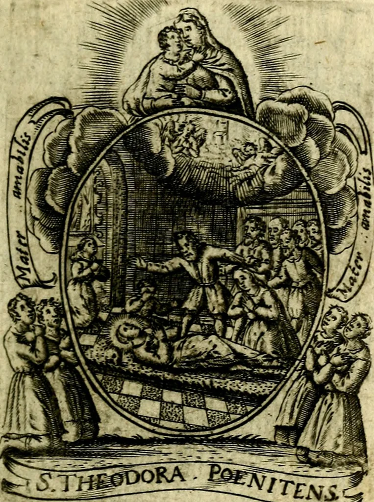 An illustration from Fasti Mariani cum illustrium diuorum imaginib. & elogijs prope DC. in singulos anni menses diésq SS. natales distributis, 1630, leaf 240