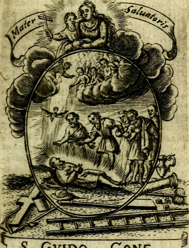 An illustration from Fasti Mariani cum illustrium diuorum imaginib. & elogijs prope DC. in singulos anni menses diésq SS. natales distributis, 1630, leaf 242