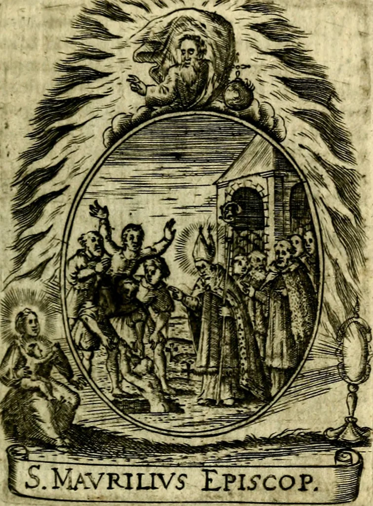 An illustration from Fasti Mariani cum illustrium diuorum imaginib. & elogijs prope DC. in singulos anni menses diésq SS. natales distributis, 1630, leaf 244