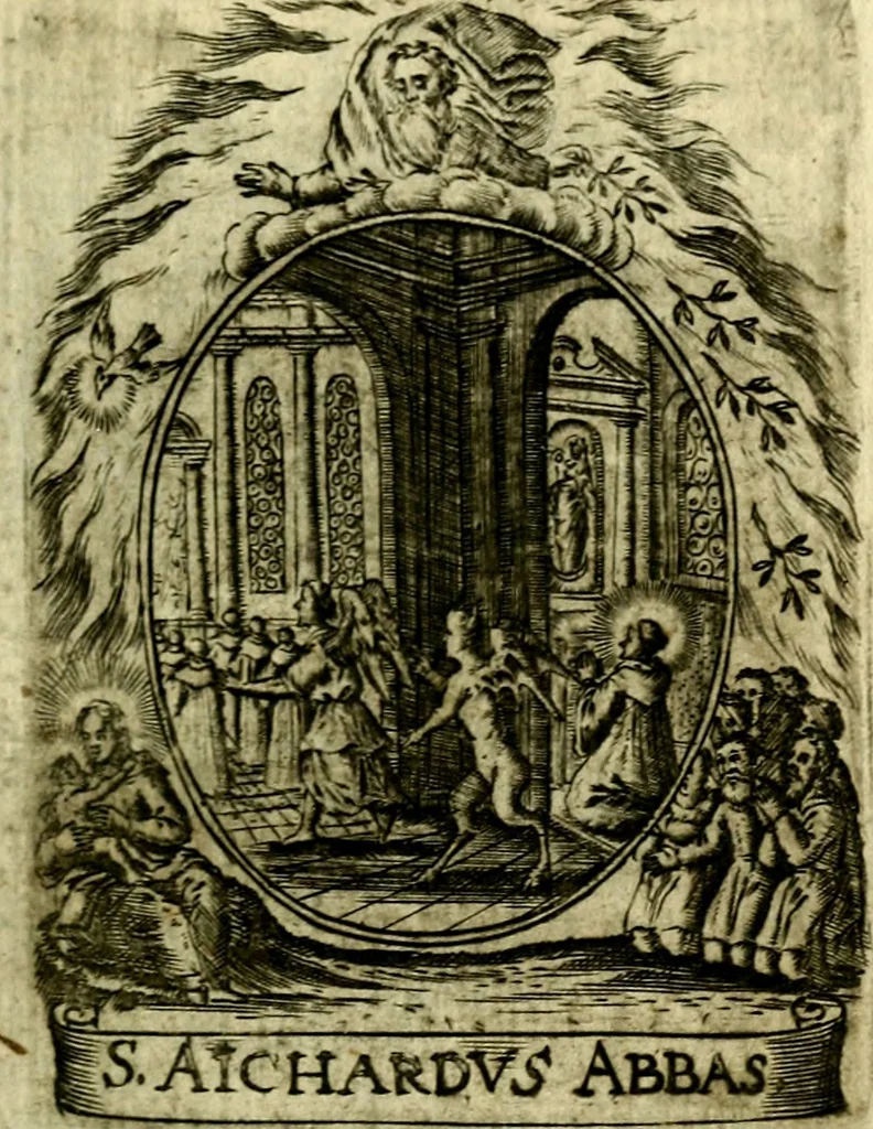 An illustration from Fasti Mariani cum illustrium diuorum imaginib. & elogijs prope DC. in singulos anni menses diésq SS. natales distributis, 1630, leaf 248