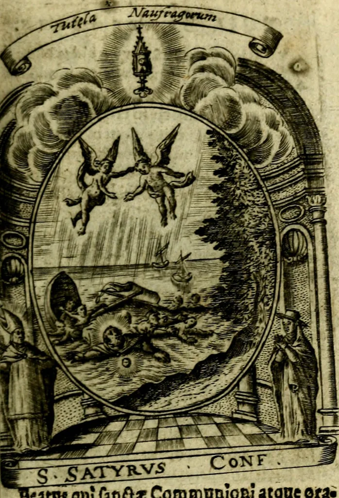 An illustration from Fasti Mariani cum illustrium diuorum imaginib. & elogijs prope DC. in singulos anni menses diésq SS. natales distributis, 1630, leaf 254