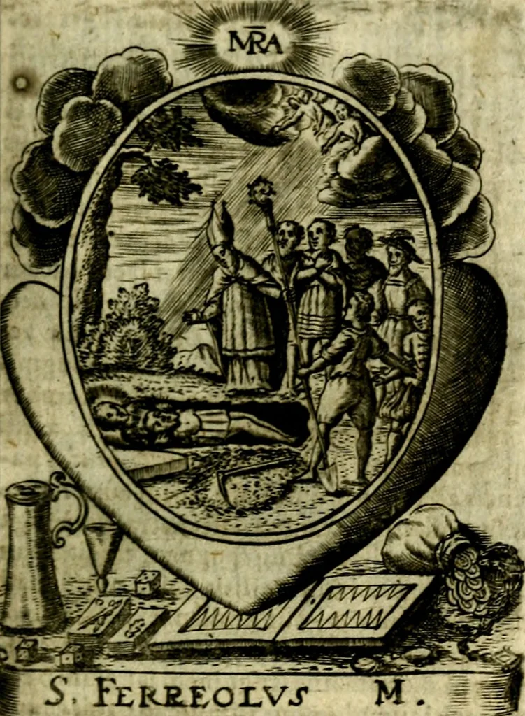 An illustration from Fasti Mariani cum illustrium diuorum imaginib. & elogijs prope DC. in singulos anni menses diésq SS. natales distributis, 1630, leaf 258