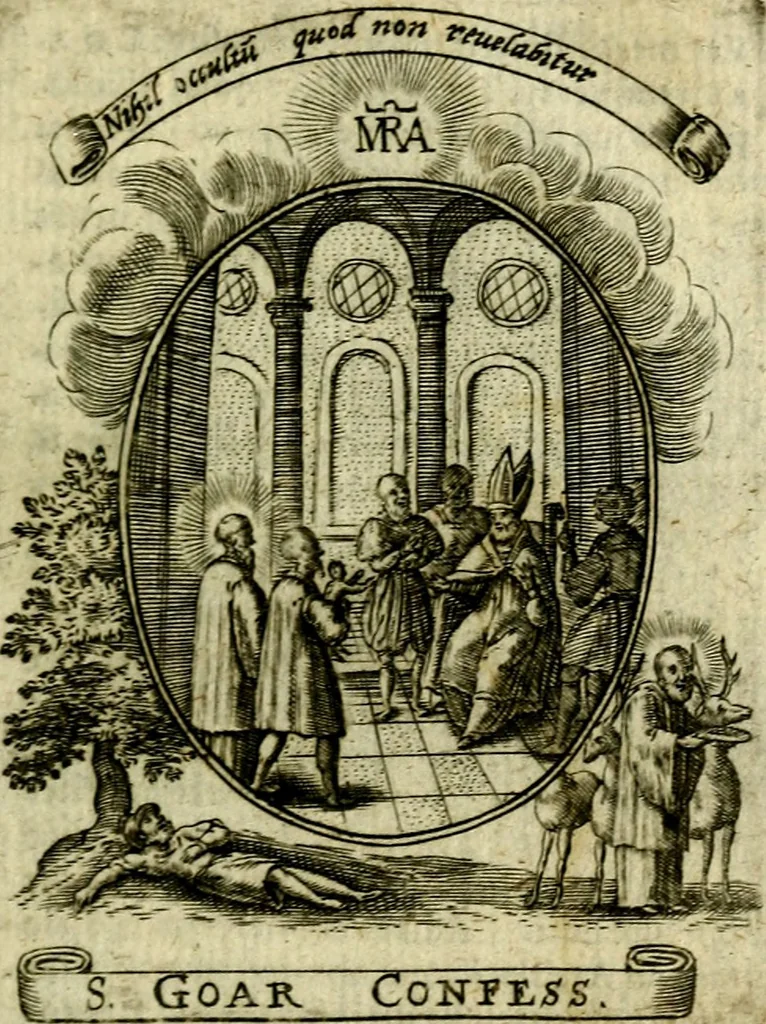 An illustration from Fasti Mariani cum illustrium diuorum imaginib. & elogijs prope DC. in singulos anni menses diésq SS. natales distributis, 1630, leaf 26