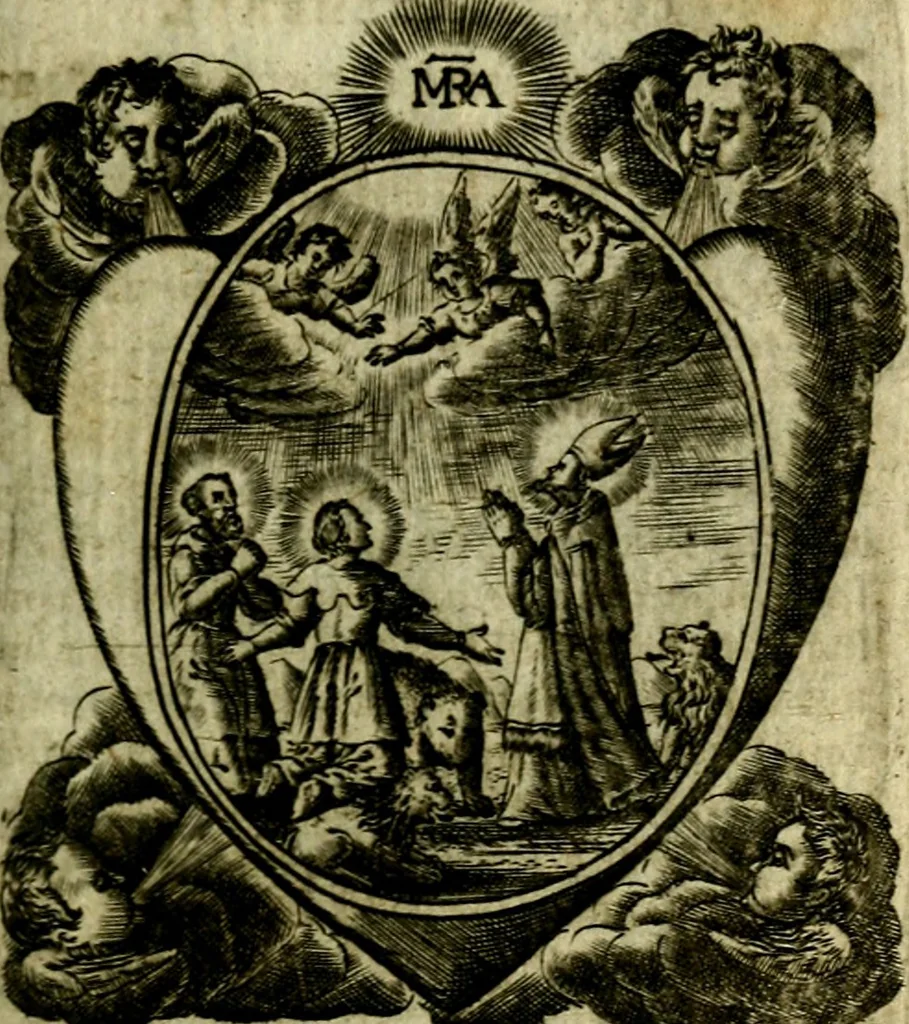 An illustration from Fasti Mariani cum illustrium diuorum imaginib. & elogijs prope DC. in singulos anni menses diésq SS. natales distributis, 1630, leaf 260