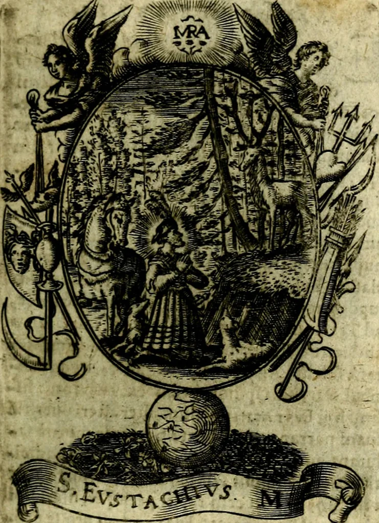 An illustration from Fasti Mariani cum illustrium diuorum imaginib. & elogijs prope DC. in singulos anni menses diésq SS. natales distributis, 1630, leaf 262