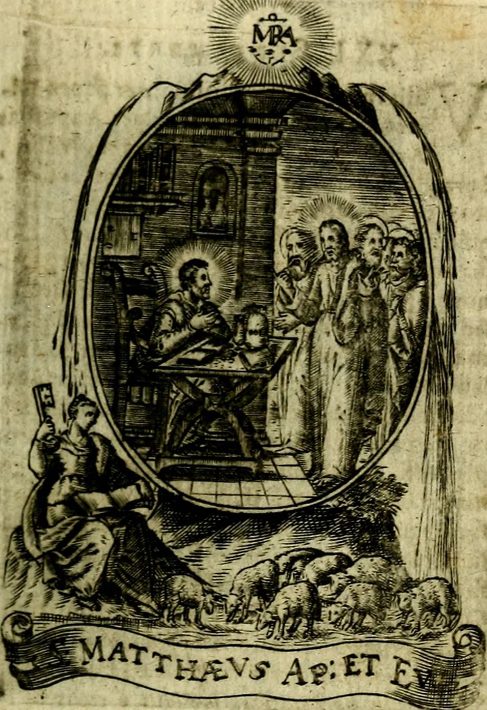 An illustration from Fasti Mariani cum illustrium diuorum imaginib. & elogijs prope DC. in singulos anni menses diésq SS. natales distributis, 1630, leaf 264