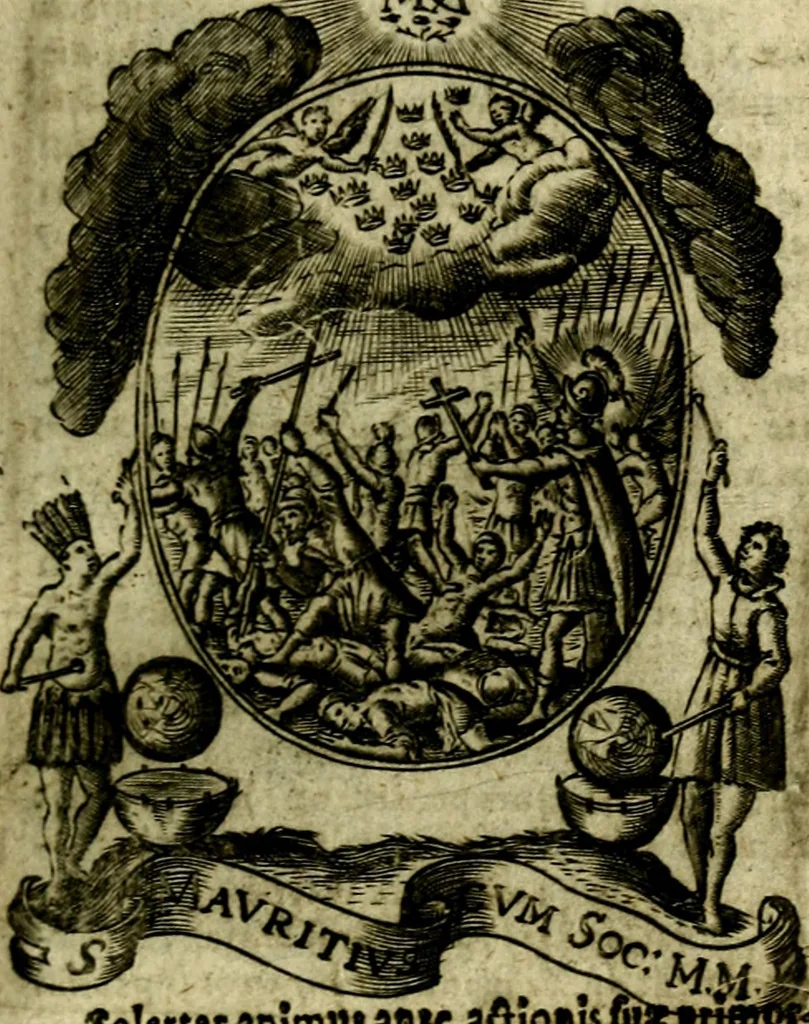 An illustration from Fasti Mariani cum illustrium diuorum imaginib. & elogijs prope DC. in singulos anni menses diésq SS. natales distributis, 1630, leaf 266