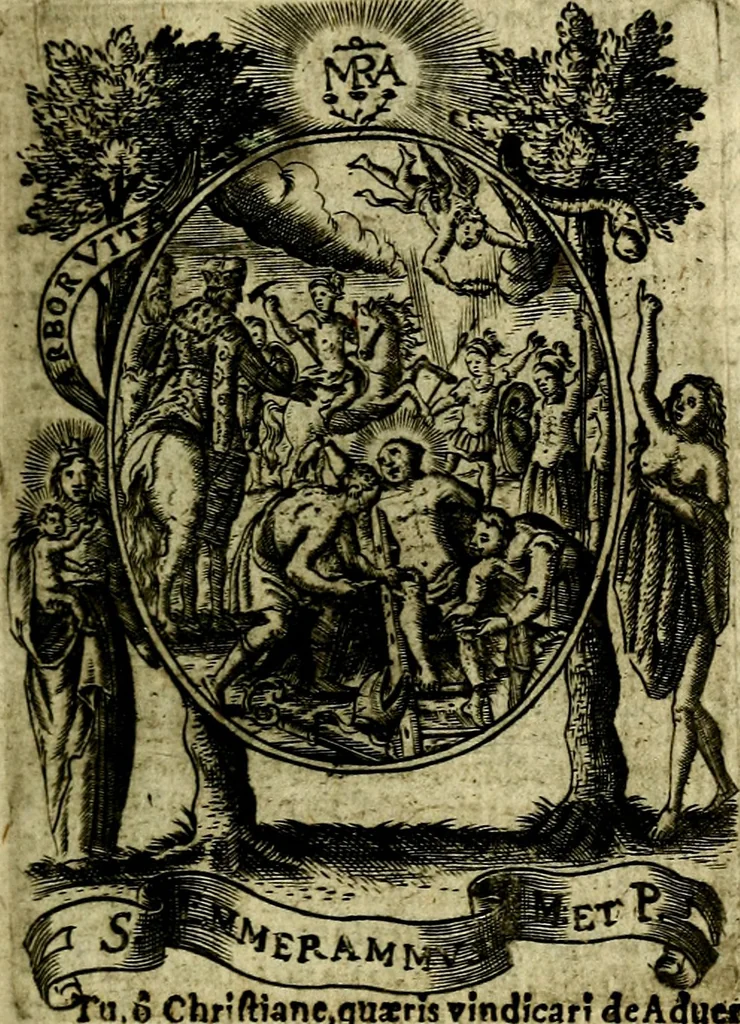 An illustration from Fasti Mariani cum illustrium diuorum imaginib. & elogijs prope DC. in singulos anni menses diésq SS. natales distributis, 1630, leaf 270