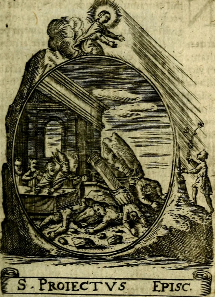 An illustration from Fasti Mariani cum illustrium diuorum imaginib. & elogijs prope DC. in singulos anni menses diésq SS. natales distributis, 1630, leaf 272