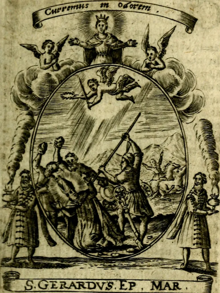 An illustration from Fasti Mariani cum illustrium diuorum imaginib. & elogijs prope DC. in singulos anni menses diésq SS. natales distributis, 1630, leaf 276