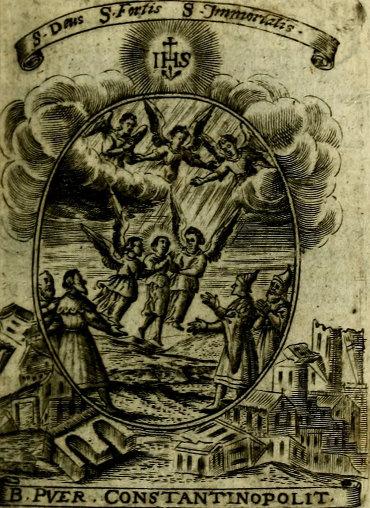 An illustration from Fasti Mariani cum illustrium diuorum imaginib. & elogijs prope DC. in singulos anni menses diésq SS. natales distributis, 1630, leaf 278