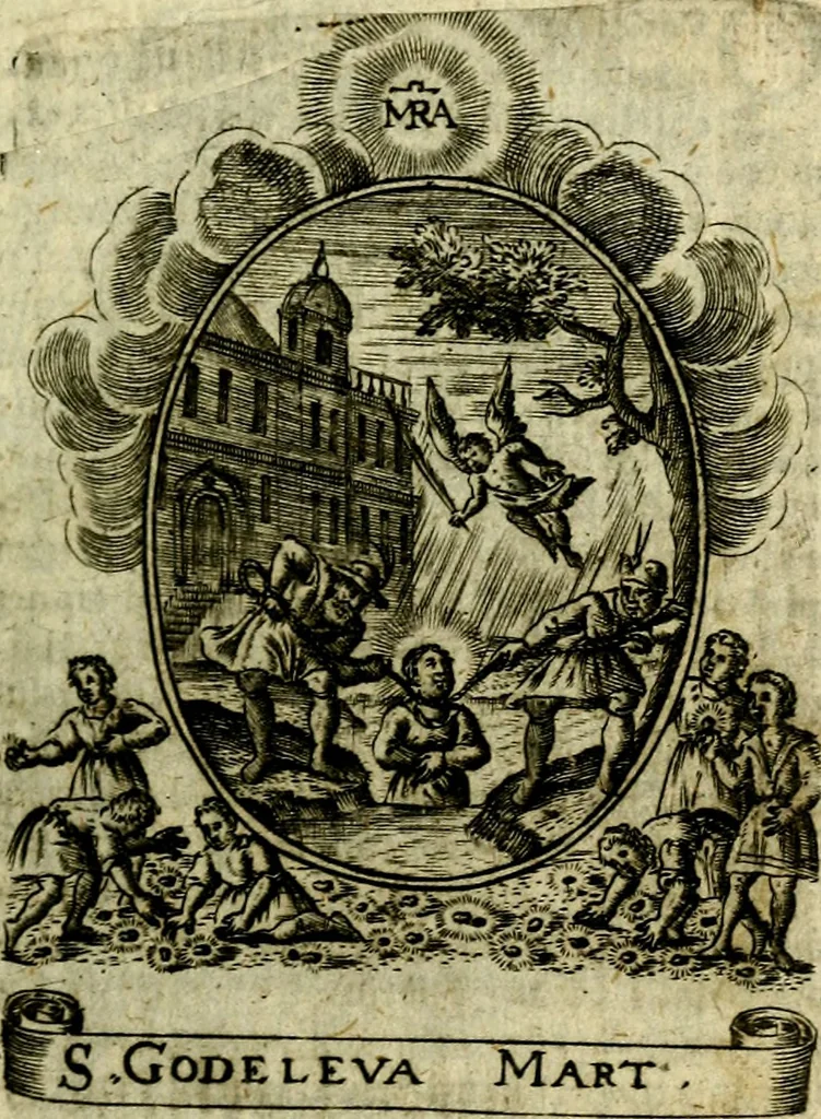 An illustration from Fasti Mariani cum illustrium diuorum imaginib. & elogijs prope DC. in singulos anni menses diésq SS. natales distributis, 1630, leaf 28