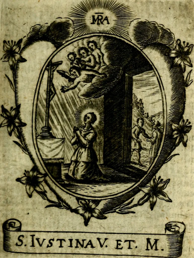 An illustration from Fasti Mariani cum illustrium diuorum imaginib. & elogijs prope DC. in singulos anni menses diésq SS. natales distributis, 1630, leaf 280