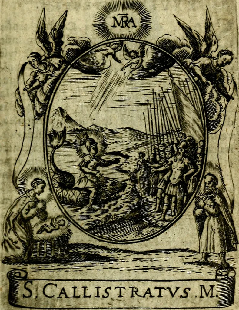 An illustration from Fasti Mariani cum illustrium diuorum imaginib. & elogijs prope DC. in singulos anni menses diésq SS. natales distributis, 1630, leaf 284
