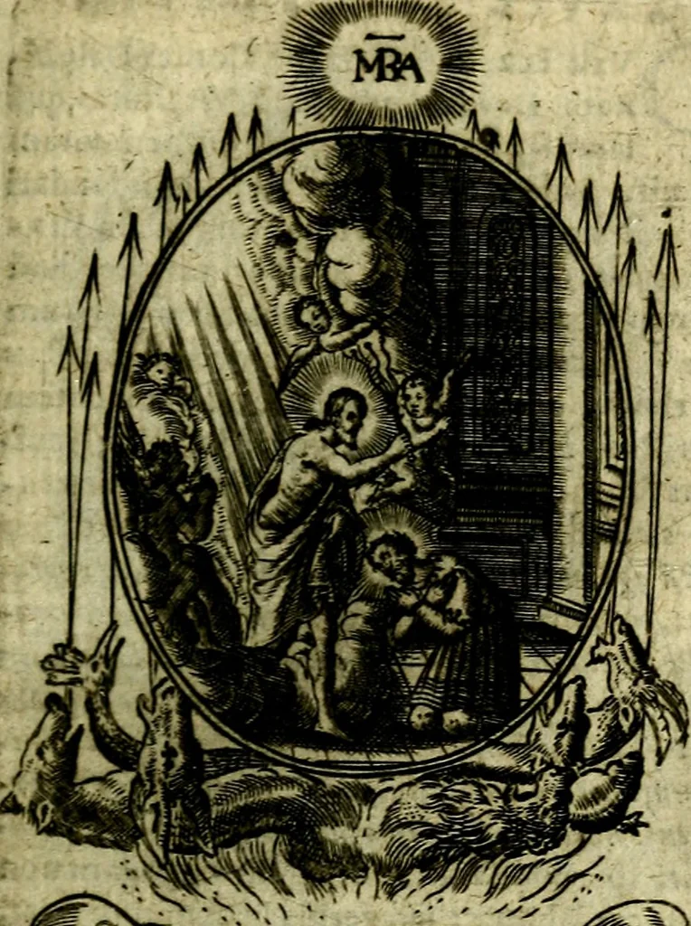 An illustration from Fasti Mariani cum illustrium diuorum imaginib. & elogijs prope DC. in singulos anni menses diésq SS. natales distributis, 1630, leaf 286
