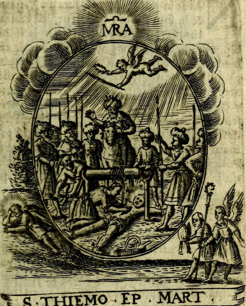 An illustration from Fasti Mariani cum illustrium diuorum imaginib. & elogijs prope DC. in singulos anni menses diésq SS. natales distributis, 1630, leaf 288