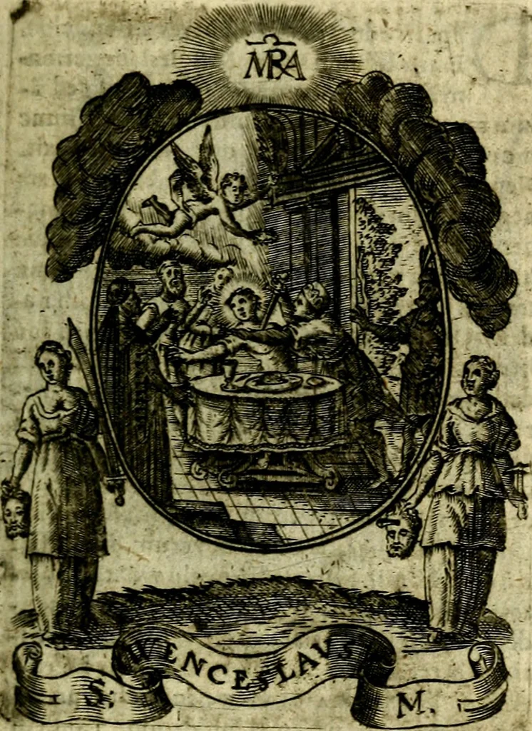 An illustration from Fasti Mariani cum illustrium diuorum imaginib. & elogijs prope DC. in singulos anni menses diésq SS. natales distributis, 1630, leaf 290