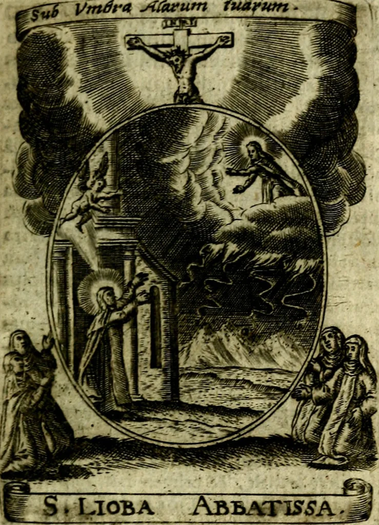 An illustration from Fasti Mariani cum illustrium diuorum imaginib. & elogijs prope DC. in singulos anni menses diésq SS. natales distributis, 1630, leaf 294