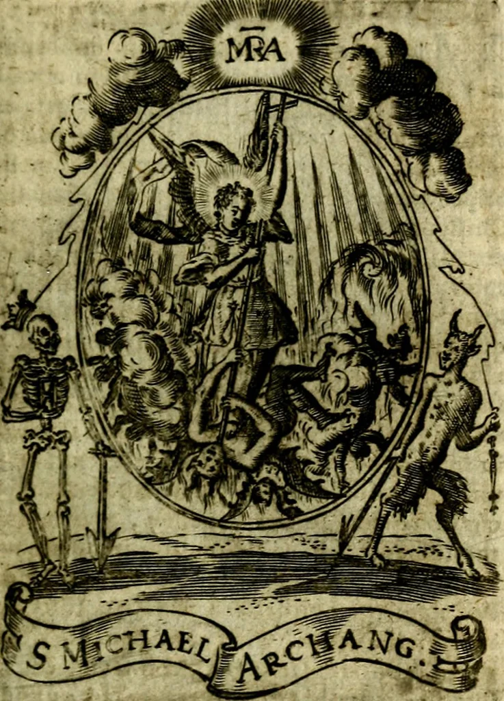 An illustration from Fasti Mariani cum illustrium diuorum imaginib. & elogijs prope DC. in singulos anni menses diésq SS. natales distributis, 1630, leaf 296
