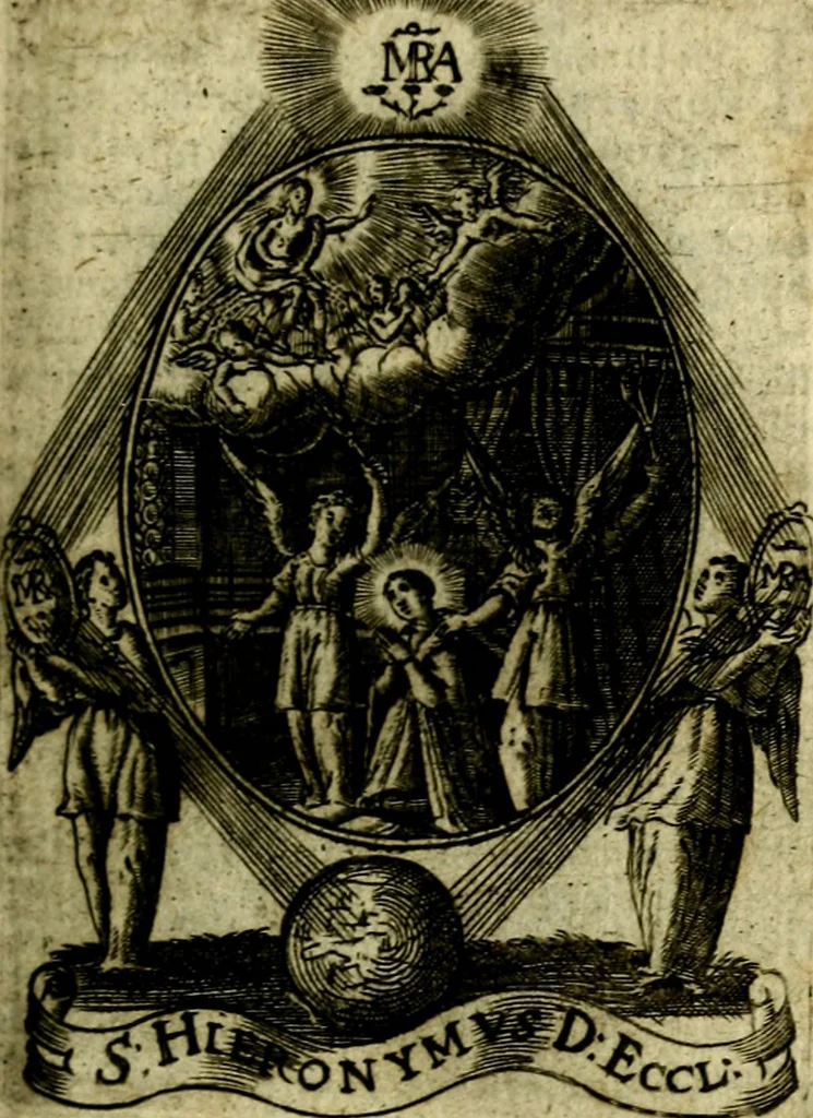 An illustration from Fasti Mariani cum illustrium diuorum imaginib. & elogijs prope DC. in singulos anni menses diésq SS. natales distributis, 1630, leaf 298