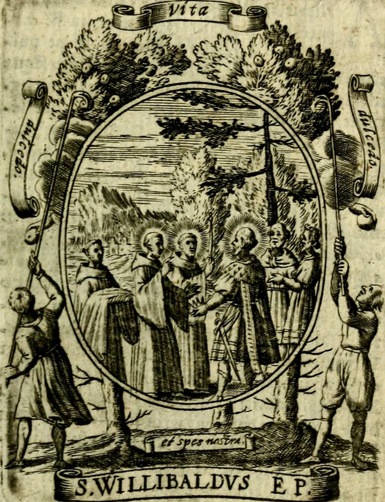 An illustration from Fasti Mariani cum illustrium diuorum imaginib. & elogijs prope DC. in singulos anni menses diésq SS. natales distributis, 1630, leaf 30