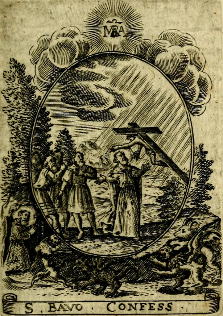 An illustration from Fasti Mariani cum illustrium diuorum imaginib. & elogijs prope DC. in singulos anni menses diésq SS. natales distributis, 1630, leaf 306