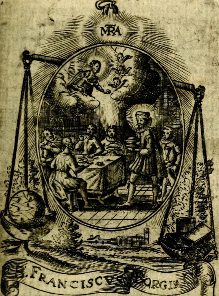 An illustration from Fasti Mariani cum illustrium diuorum imaginib. & elogijs prope DC. in singulos anni menses diésq SS. natales distributis, 1630, leaf 308