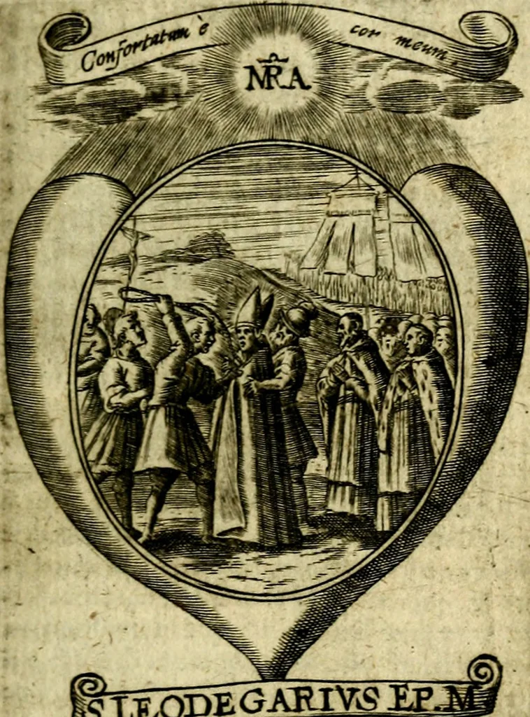 An illustration from Fasti Mariani cum illustrium diuorum imaginib. & elogijs prope DC. in singulos anni menses diésq SS. natales distributis, 1630, leaf 310