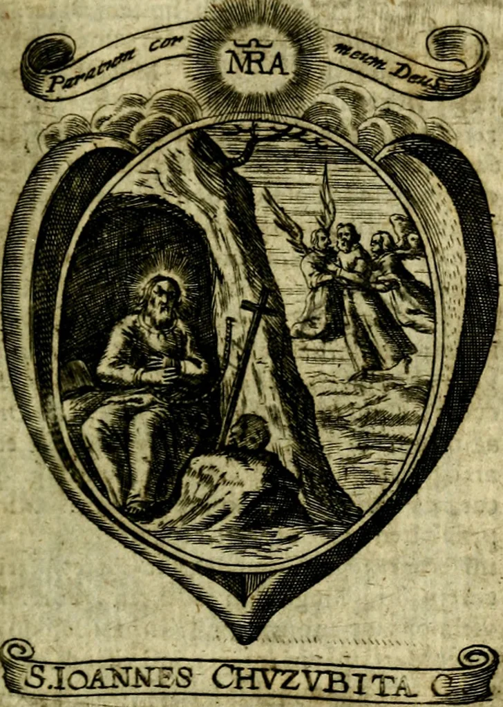 An illustration from Fasti Mariani cum illustrium diuorum imaginib. & elogijs prope DC. in singulos anni menses diésq SS. natales distributis, 1630, leaf 312