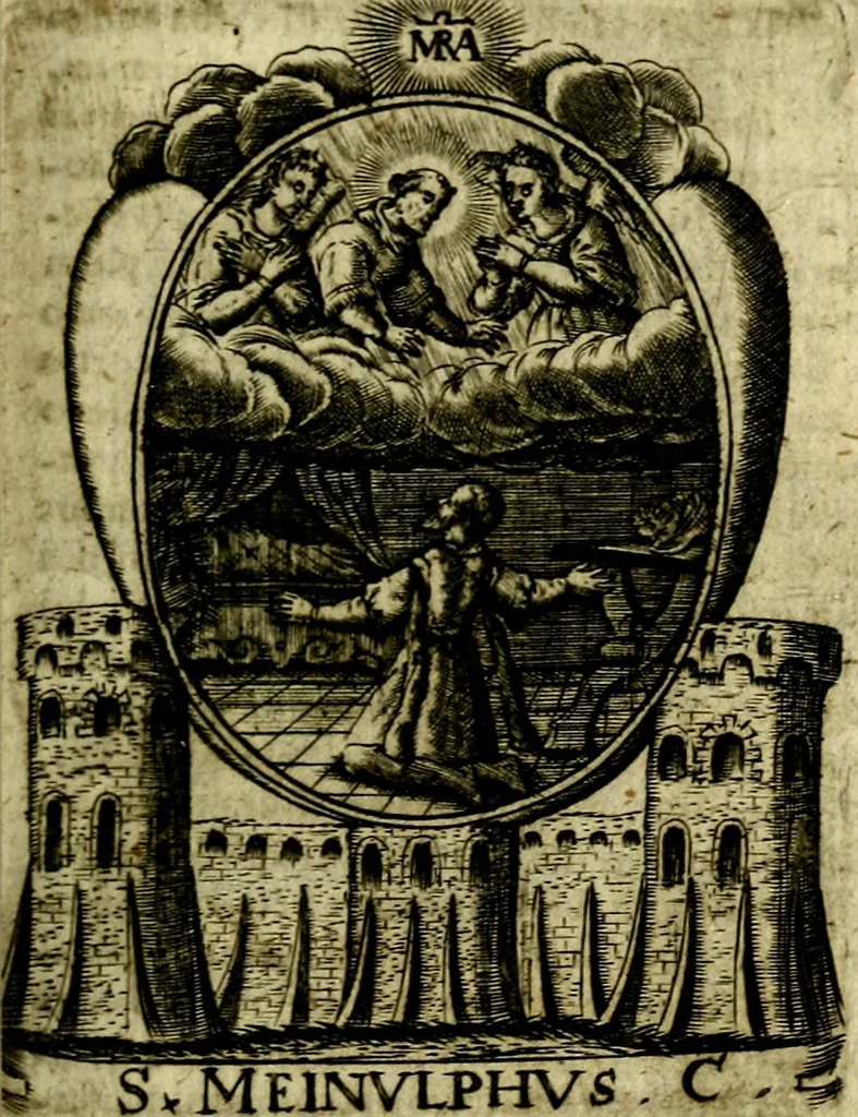 An illustration from Fasti Mariani cum illustrium diuorum imaginib. & elogijs prope DC. in singulos anni menses diésq SS. natales distributis, 1630, leaf 318