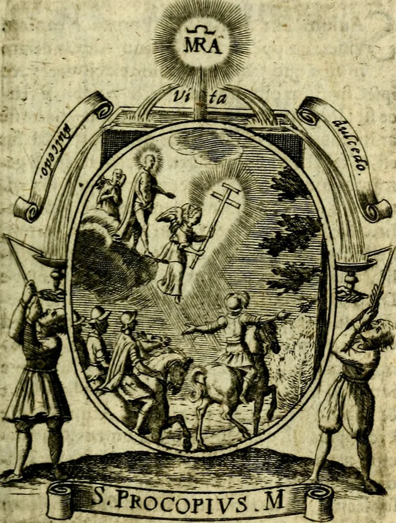 An illustration from Fasti Mariani cum illustrium diuorum imaginib. & elogijs prope DC. in singulos anni menses diésq SS. natales distributis, 1630, leaf 32