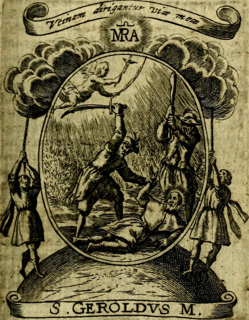 An illustration from Fasti Mariani cum illustrium diuorum imaginib. & elogijs prope DC. in singulos anni menses diésq SS. natales distributis, 1630, leaf 324