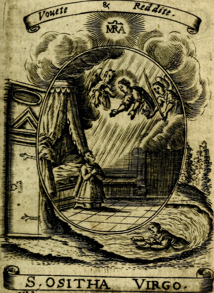 An illustration from Fasti Mariani cum illustrium diuorum imaginib. & elogijs prope DC. in singulos anni menses diésq SS. natales distributis, 1630, leaf 326