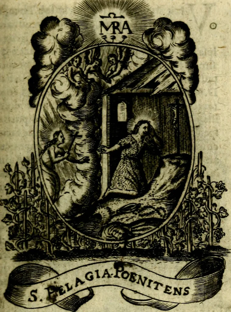 An illustration from Fasti Mariani cum illustrium diuorum imaginib. & elogijs prope DC. in singulos anni menses diésq SS. natales distributis, 1630, leaf 328