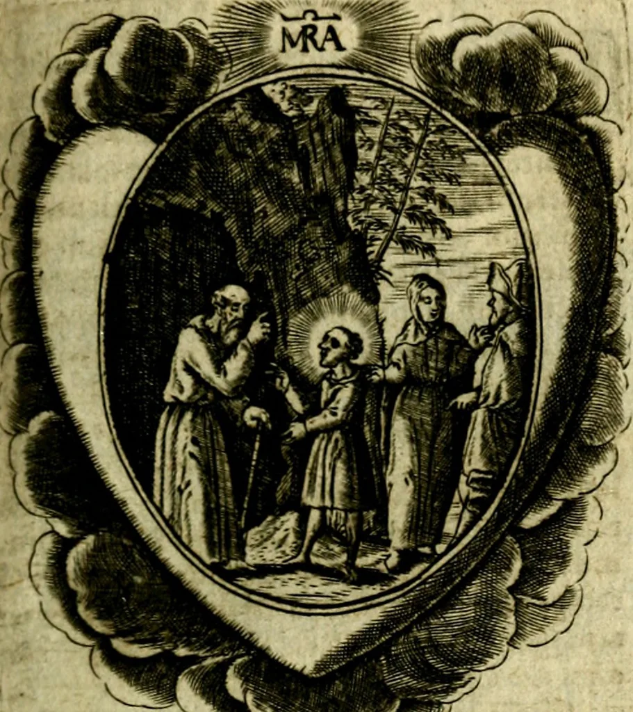 An illustration from Fasti Mariani cum illustrium diuorum imaginib. & elogijs prope DC. in singulos anni menses diésq SS. natales distributis, 1630, leaf 332