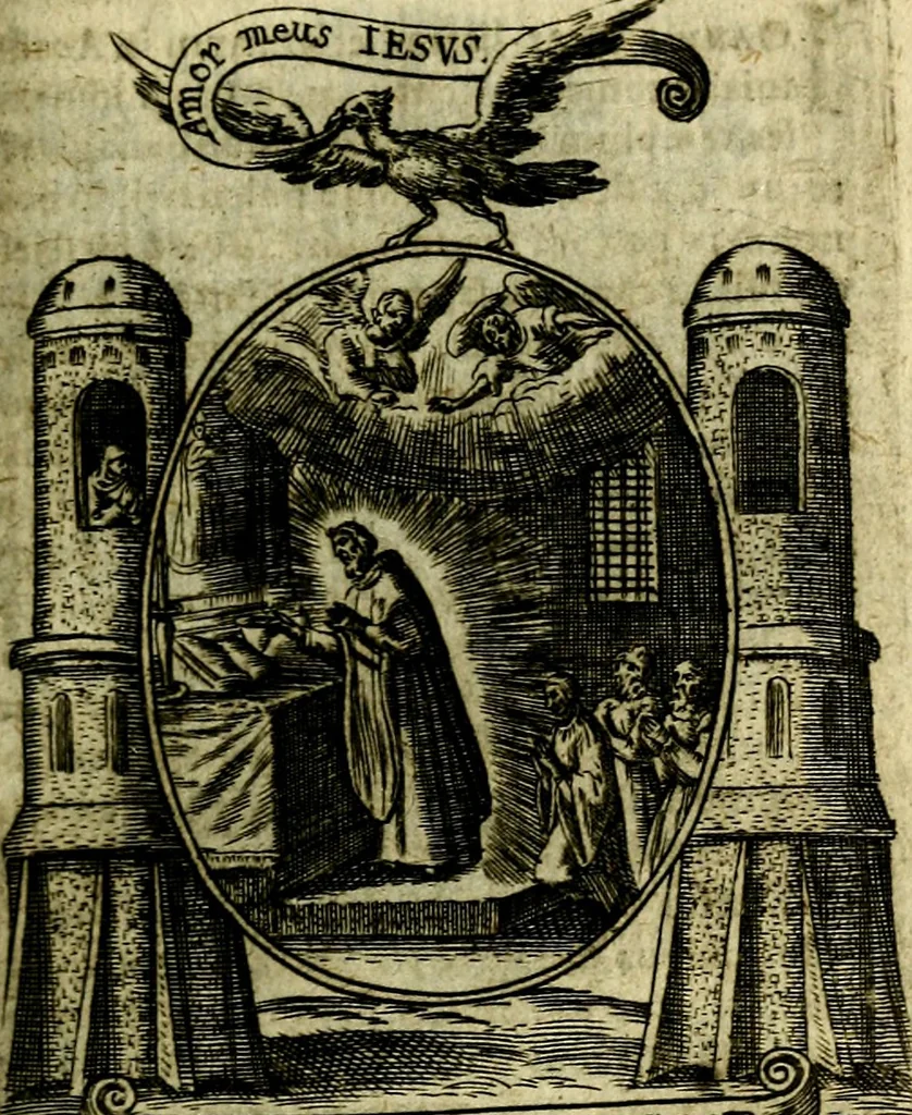 An illustration from Fasti Mariani cum illustrium diuorum imaginib. & elogijs prope DC. in singulos anni menses diésq SS. natales distributis, 1630, leaf 334