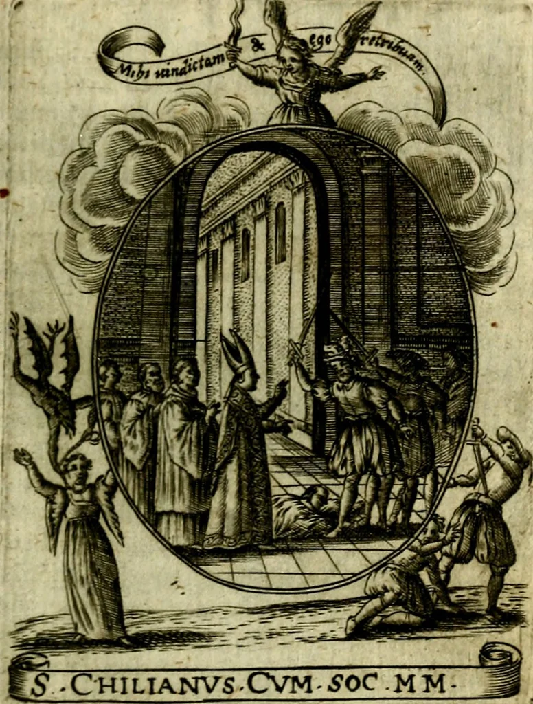 An illustration from Fasti Mariani cum illustrium diuorum imaginib. & elogijs prope DC. in singulos anni menses diésq SS. natales distributis, 1630, leaf 34
