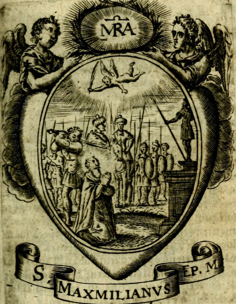 An illustration from Fasti Mariani cum illustrium diuorum imaginib. & elogijs prope DC. in singulos anni menses diésq SS. natales distributis, 1630, leaf 340